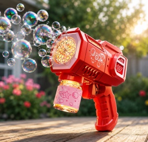 Pistol pentru Baloane de Săpun Model Cosmic Rosu, cu Lumini LED, Funcționare pe Baterii - Img 3