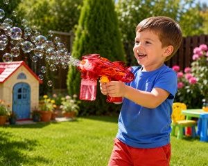 Pistol pentru Baloane de Săpun Model Sky Blaster Rosu Transparent, cu Lumini LED, Funcționare pe Baterii - Img 3