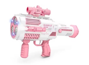 Pistol pentru Baloane de Săpun Tip Pușcă Roz-Alb, Reîncărcabil prin USB, Lumini LED