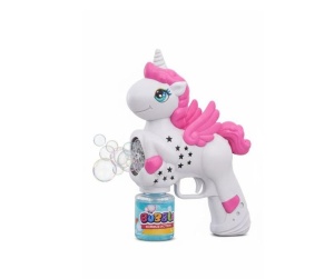 Pistol pentru Baloane de Săpun Unicorn Alb-Roz, Lumini LED, Funcționare pe Baterii