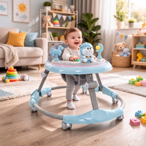 Premergător 6-18 Luni, Model Pisică Albastru, Pliere Rapidă, Înălțime Reglabilă, Activități Interactive - Img 2