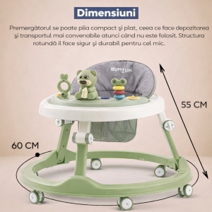 Premergător Culoare Verde pentru Bebeluși cu Mâner Reglabil, Model Urs cu Centru de Activități - Img 4