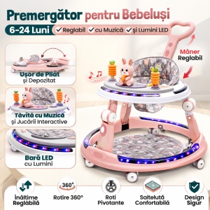 Premergător Roz Multifuncțional,6-24 Luni, cu Mâner Parental, Lumini LED 360°,cu Muzică și Jucării - Img 4