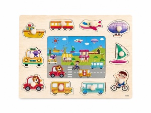 Puzzle Montessori din Lemn, Tablita Transport si Vehicule,10 Piese + Puzzle 5 Piese, Dimensiune 30x22.5 cm