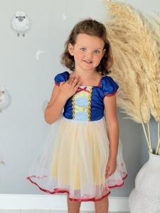 Rochie Fetite Carnaval, Printesa, Tull/Saten, Albastru si Galben, Bordura Rosie - Img 3