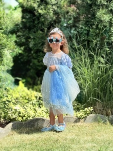 Rochie Fetite Carnaval, Printesa, Tull/Saten, Bleu, Sclipici Albastru, Accesoriu Pelerina - Img 5