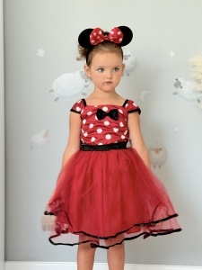Rochie Fetite Carnaval, Printesa, Tull/Saten, Rosu cu Buline Albe, plus Accesoriu Bentita