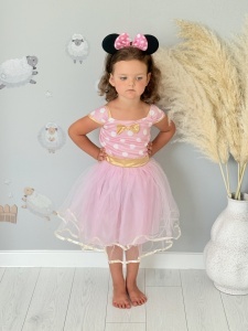Rochie Fetite Carnaval, Printesa, Tull/Saten, Roz cu Buline Albe, plus Accesoriu Bentita