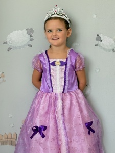 Rochie Fetite Carnaval, Printesa, Tull/Saten, Roz si Mov, Sclipici Roz, Accesorii Fundite Mov si Brosa - Img 2