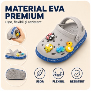 Saboți Copii Tip Crocs din Spumă cu Accesorii 3D Detașabile și Baretă Reglabilă, Gri - Img 4