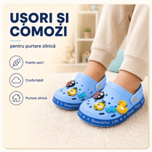 Saboți Copii Tip Crocs din Spumă cu Accesorii 3D Detașabile și Baretă Reglabilă, Albastru Deschis - Img 7
