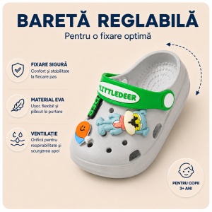 Saboți Copii Tip Crocs din Spumă cu Accesorii Detasabile și Baretă Reglabilă, Gri - Img 3