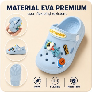 Saboți Copii Tip Crocs din Spumă cu Accesorii Detașabile și Baretă Reglabilă, Bleu - Img 3