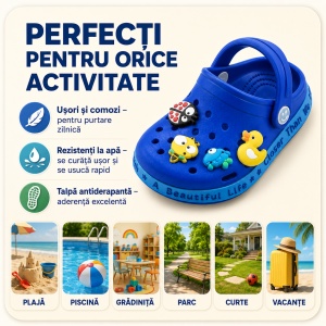 Saboți Copii Tip Crocs din Spumă cu Accesorii Detașabile și Baretă Reglabilă, Albastru Închis - Img 8