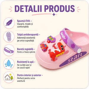 Saboți Copii Tip Crocs din Spumă cu Dino Baby 3D și Accesorii Decorative, Baretă Reglabilă, Talpă Antiderapantă, Roz - Img 2
