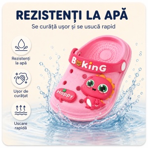 Saboți Copii Tip Crocs din Spumă cu Dinozaur 3D Roz, Baretă Reglabilă, Talpă Antiderapantă, Roz - Img 5