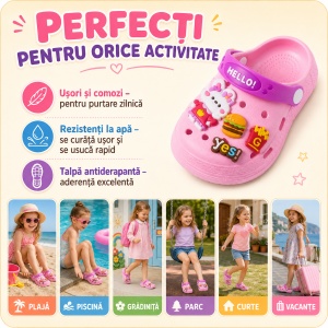 Saboți Copii Tip Crocs din Spumă cu Iepuraș 3D și Accesorii Decorative, Baretă Reglabilă, Talpă Antiderapantă, Roz - Img 8