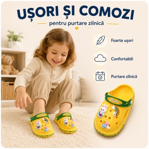 Saboți Copii Tip Crocs din Spumă cu Iepuraș 3D și Curcubeu Decorativ, Baretă Reglabilă, Talpă Antiderapantă, Galben - Img 7