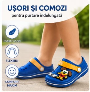 Saboți Copii Tip Crocs din Spuma EVA cu Cățeluș 3D, Baretă Reglabilă, Talpă Antiderapantă, Albastru - Img 3