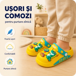 Saboți Copii Tip Crocs din Spumă EVA cu Dino Baby 3D și Accesorii Decorative, Baretă Reglabilă, Talpă Antiderapantă, Galben - Img 7