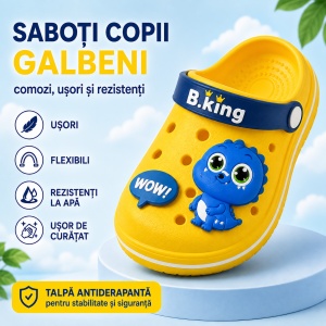 Saboți Copii Tip Crocs din Spumă EVA cu Dinozaur 3D Albastru, Baretă Reglabilă, Talpă Antiderapantă, Galben - Img 2