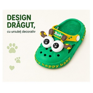 Saboți Copii Tip Crocs din Spumă EVA cu Girafă 3D, Baretă Reglabilă, Talpă Antiderapantă, Verde - Img 7