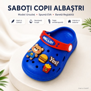 Saboți Copii Tip Crocs din Spumă EVA cu Ursuleț 3D și Accesorii Decorative, Baretă Reglabilă, Talpă Antiderapantă, Albastru - Img 2