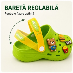 Saboți Copii Tip Crocs din Spumă EVA cu Ursuleț 3D și Accesorii Decorative, Baretă Reglabilă, Talpă Antiderapantă, Verde - Img 3