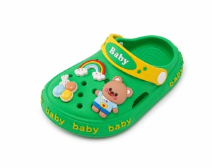 Saboți Copii Tip Crocs din Spumă EVA cu Ursuleț 3D și Curcubeu Decorativ, Baretă Reglabilă, Talpă Antiderapantă, Verde