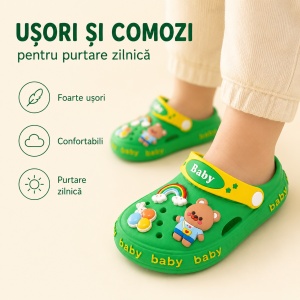 Saboți Copii Tip Crocs din Spumă EVA cu Ursuleț 3D și Curcubeu Decorativ, Baretă Reglabilă, Talpă Antiderapantă, Verde - Img 4