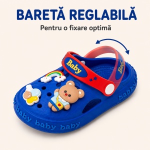 Saboți Copii Tip Crocs din Spumă EVA cu Ursuleț 3D și Curcubeu Decorativ, Baretă Reglabilă, Talpă Antiderapantă, Albastru - Img 6
