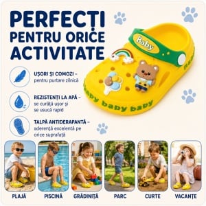 Saboți Copii Tip Crocs din Spumă EVA cu Ursuleț 3D și Curcubeu Decorativ, Baretă Reglabilă, Talpă Antiderapantă, Galben - Img 8