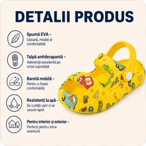 Saboți Copii Tip Crocs din Spumă, Model Decupat cu Mașinuțe Colorate, Baretă Reglabilă, Galben - Img 2