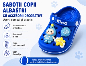 Saboți Copii Tip Crocs,Spuma cu Personaj 3D, Balon și Stea Decorativa, Baretă Reglabilă, Talpă Antiderapantă,Albastru - Img 11
