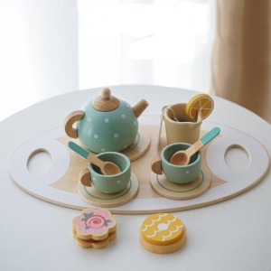 Set Educativ Montessori din Lemn Ceainic, Lemn,15 Piese, 36 Luni+, Turquoise - Img 7
