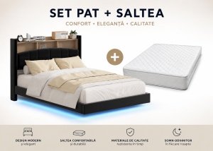 SET Pat MARIO Negru Complet Tapitat Catifea + Saltea Lux Ortopedica, Arcuri Bonnell si Spuma Poliuretanica