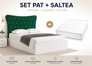 SET Pat tapitat LUXOR – Verde Smarald/Bej 160 x 200 cm + Saltea Lux Ortopedica, Arcuri Bonnell si Spuma Poliuretanica 160 x 200 cm