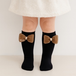 Sosete pentru Copii, Negru, Model cu Funda Mare Maro, Bumbac, 2-5 ani