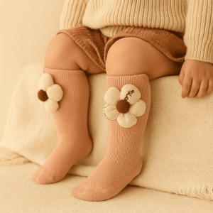 Sosete pentru Copii, Roz, Model cu Floare Crem, Bumbac, 2-5 ani