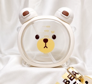 Sticla de Apa pentru Copii, cu Pai si Bareta, Plastic si Silicon, Model Ursulet, Alb, 500 ml - Img 2