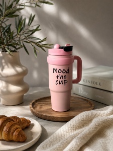 Termos Mood The Cup, Otel Inoxidabil interior, cu Pai si Maner, Roz, 1000 ml
