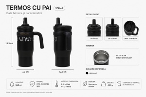Termos Pentru Adulti cu Pai si Maner, Otel Inoxidabil, Negru, 550 ml - Img 2