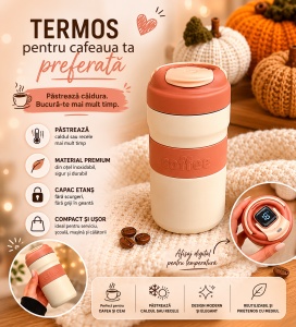 Termos pentru Adulti, cu Termometru Digital, Maner, Otel Inoxidabil, Alb/Roz, 450ml - Img 2
