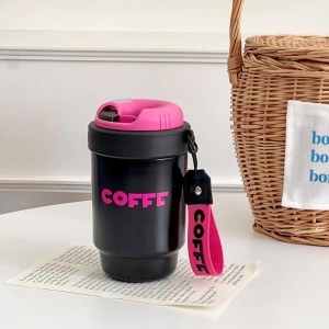 Termos pentru Adulti, model Coffee, cu Pai, Negru, 500 ml