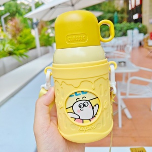Termos pentru Copii cu Pai, Capac Transformabil in Cana, Galben, 500 ml