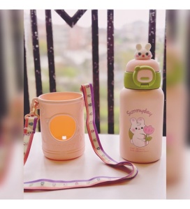 Termos pentru Copii, cu Pai si Bareta, Peach, Model Iepuras, 500 ml - Img 4