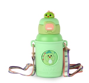 Termos pentru Copii, cu Pai si Bareta, Verde, Model Crocodil, 500 ml
