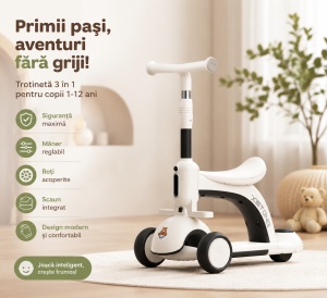 Trotinetă 3 în 1 pentru Copii 1-12 Ani cu Ghidon Reglabil, Ride-On și Bicicletă de Echilibru, Alb-Negru - Img 2