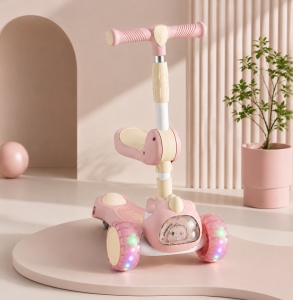 Trotinetă Copii 3 în 1, Roz Pastel, Roti cu Lumini LED, Șezut și Mâner Reglabil, Model Dinozaur - Img 4