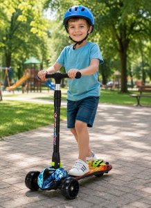 Trotinetă Copii 3 Roți Albastru cu Portocaliu, Lean to Steer, Pliabilă, Ghidon Reglabil, Roți LED - Img 4